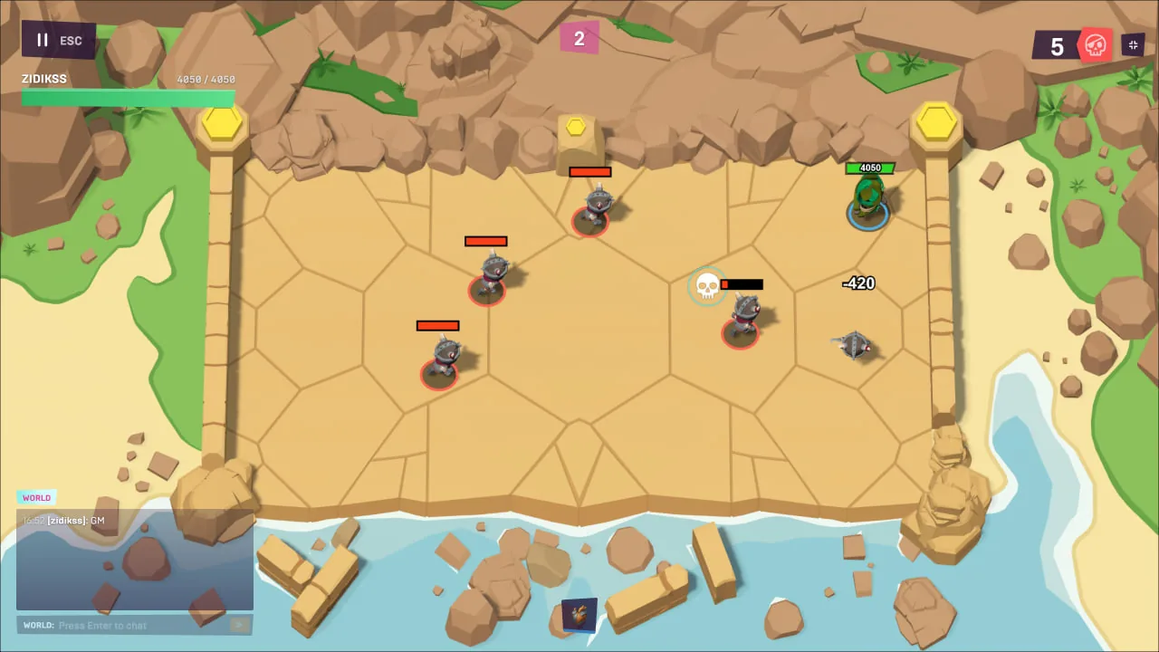 A hero fighting a monster wave on a sandy island arena
