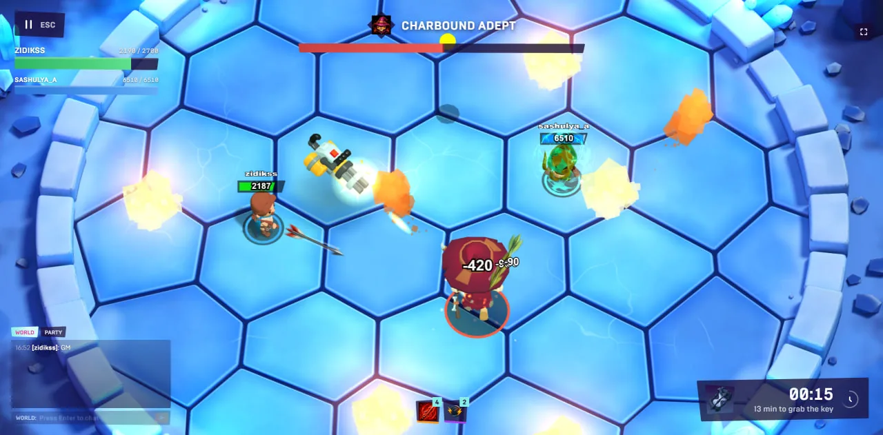 Two heroes fighting a boss on a frozen hex arena