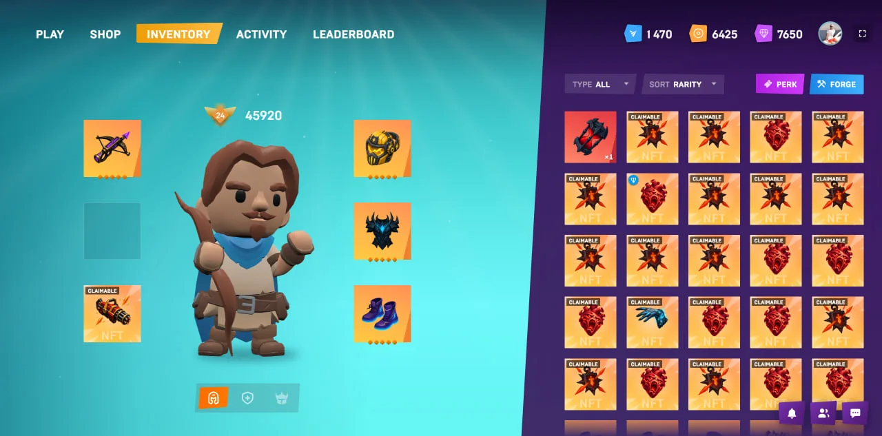 Inventory screen with equipped gear and the Forge button
