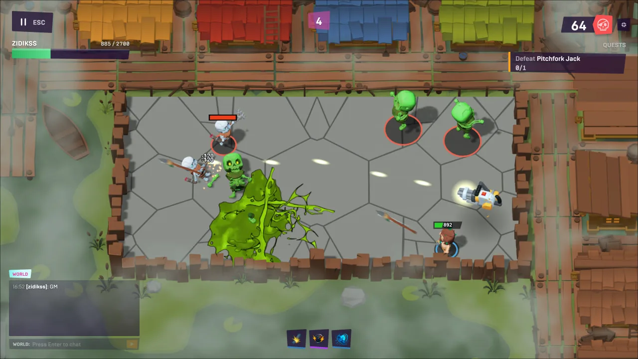 A hero fighting skeletons and slimes in a swamp village