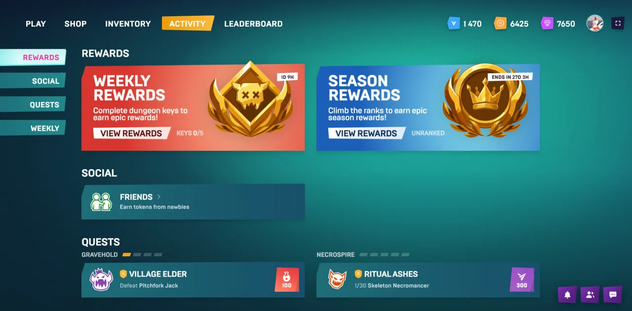 Activity screen with weekly and season rewards